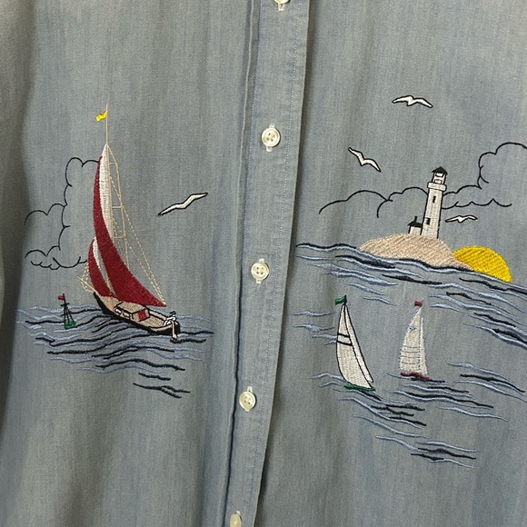 Vintage Ruff Hewn Women’s Medium Denim Embroidered Nautical Blouse - Picture 3 of 7